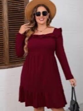 Koojooin Plus Size Long Sleeve Flowing Midi Dress Women’s Size 4XL Red Wine